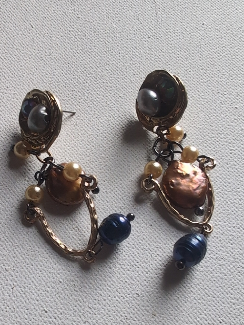 Handcrafted Pearl and Bead Drop Earrings - Gold Tone with Peach and Blue Accents
